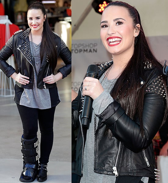 Demi Lovato rocks another leather jacket at the Topshop & Topman LA Grand Opening