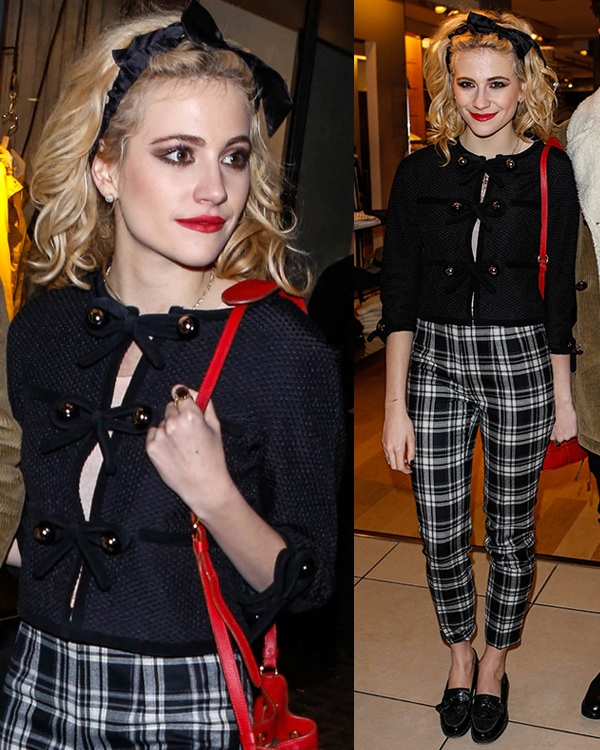 Pixie Lott in plaid pants paired with a Moschino jacket and a cute bow headband