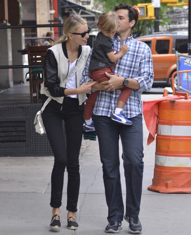 Karolina Kurkova and Archie Drury walk with their son Tobin Jack in Tribeca