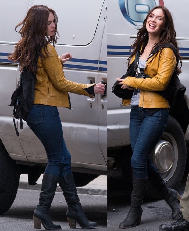 Megan Fox styles her yellow leather jacket with AG Jeans The Legging Jeans in Equinox and Steve Madden's Raingerr boots