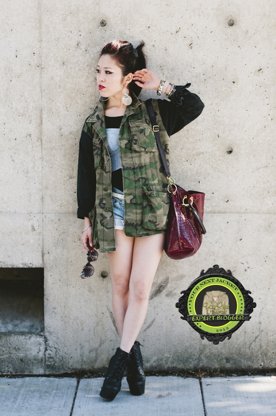 Aika paired a camo jacket with denim shorts