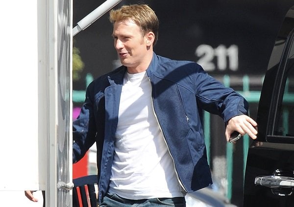 Actor Chris Evans arriving on the set of 'Captain America 2'