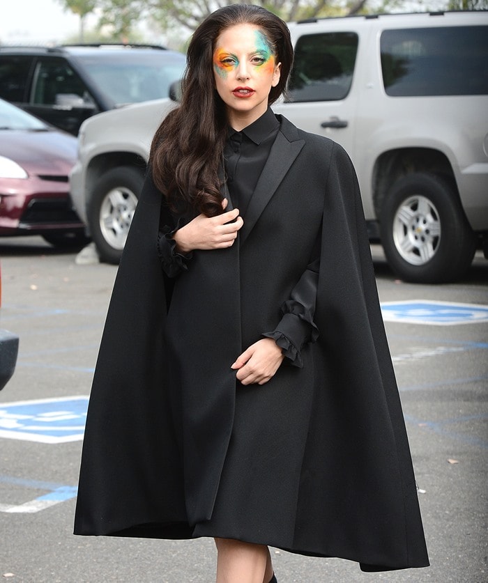 Lady Gaga wearing Saint Laurent's virgin canvas wool cape