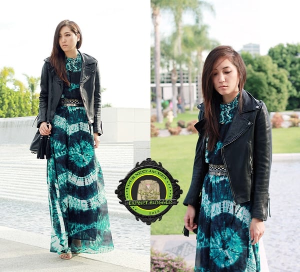 Maggie shows how to look feminine in a leather jacket by pairing it with a bold-printed summer maxi dress