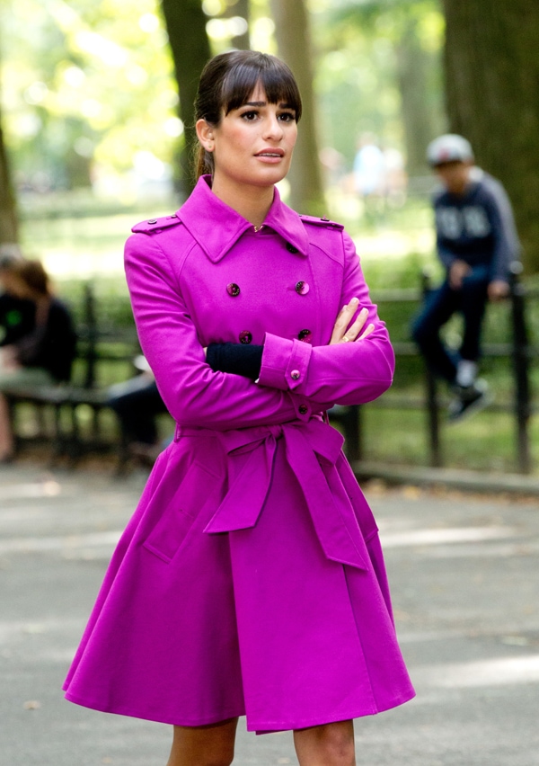 Lea Michele filming Glee in a fuchsia coat dress on location in New York City
