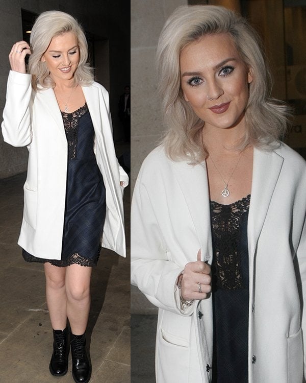 Perry Edwards layered her white Topshop boyfriend coat over a laced lingerie-like dress