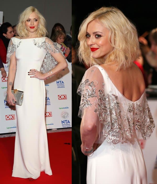 Fearne Cotton wears a spot-printed skirt with a bell-sleeved coat