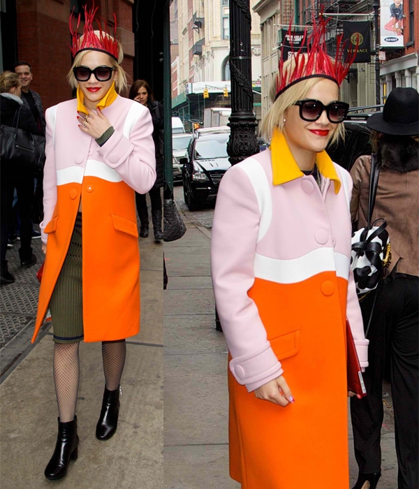 Rita Ora wears a colorful look from the Prada Spring/Summer 2014 collection