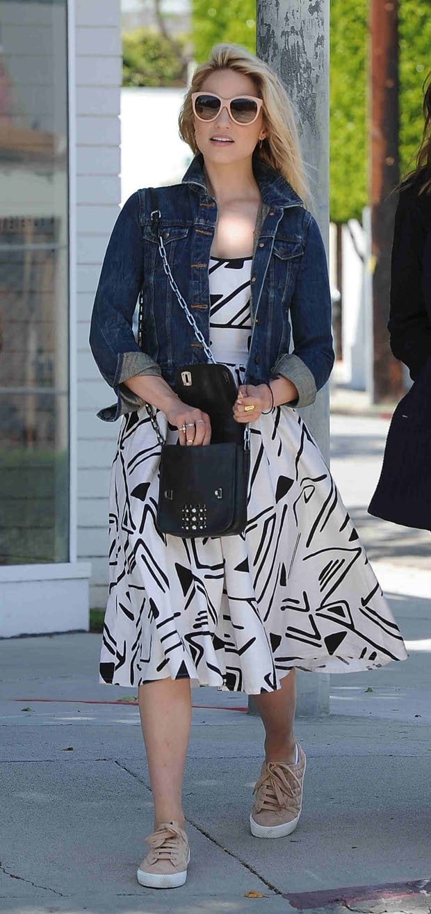 Dianna Agron shows how to wear a midi dress with a denim jacket and a Miu Miu shoulder bag