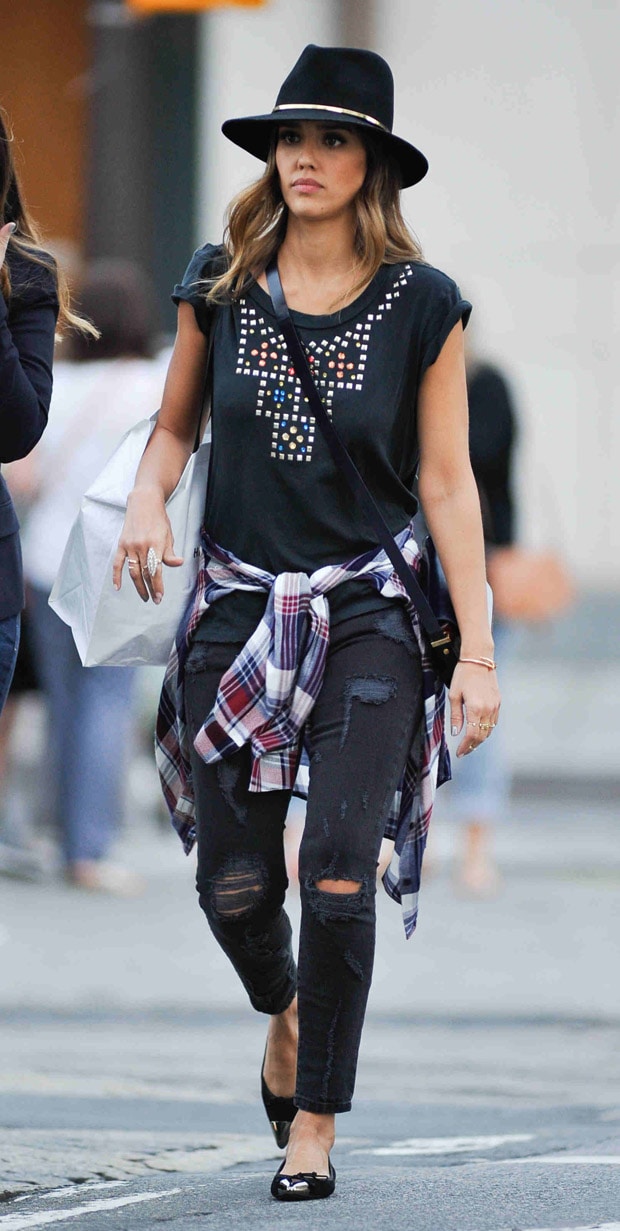 Jessica Alba wears a Janessa Leone Stephen hat and a Current/Elliott x REVOLVE The Crew Neck