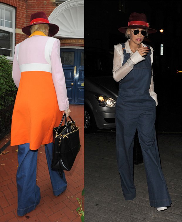 Rita Ora wears 70s style dungarees and a burgundy fedora