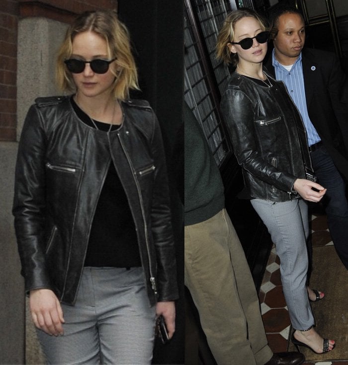 Jennifer Lawrence styled her leather moto jacket with Topshop Dogtooth cigarette pants