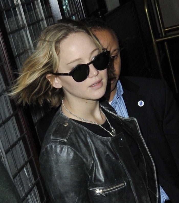 Jennifer Lawrence wears an Etoile Isabel Marant Bacuri leather biker jacket