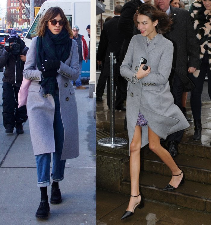 Alexa Chung styles her grey Burberry Prorsum cashmere-felt coat differently each time