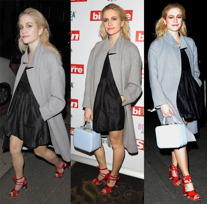 Pixie Lott styled a black mini dress with a long grey coat and gorgeous red sandals