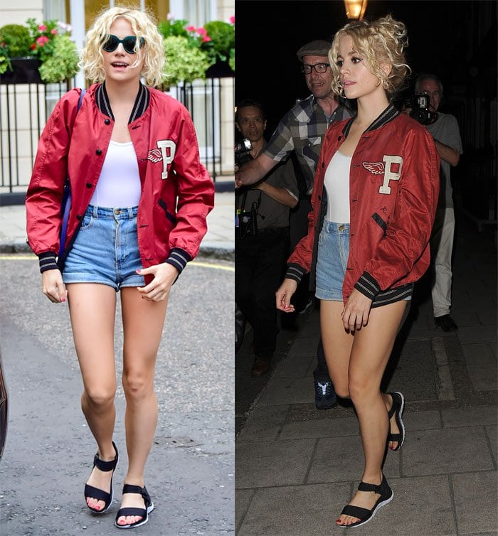 Pixie Lott flaunts her sexy legs in simple denim shorts and a white top