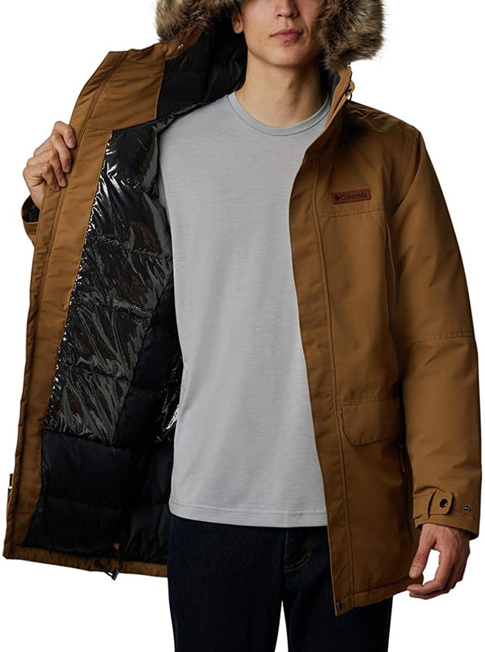 The South Canyon Long Down parka has patented Omni-Heat thermal-reflective lining that keeps warmth in and wetness out