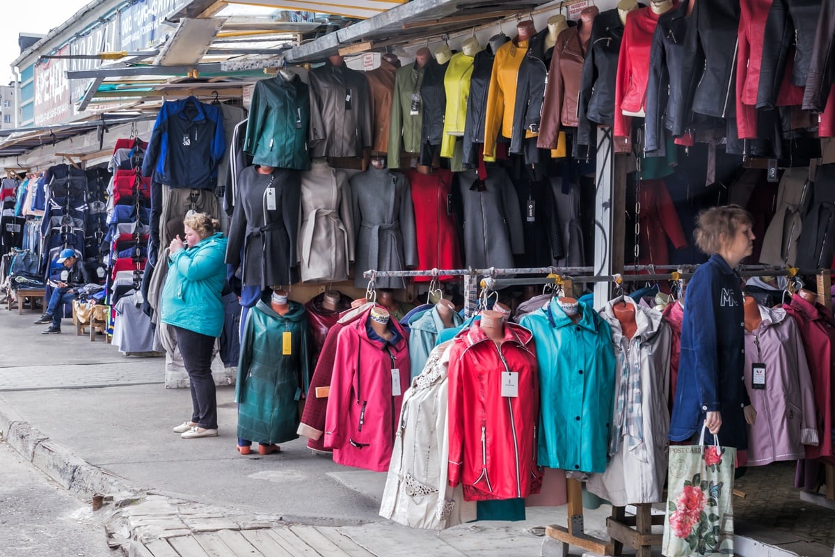 Fake winter jackets for sale on the street in Dzerzhinsk, a city in Nizhny Novgorod Oblast, Russia