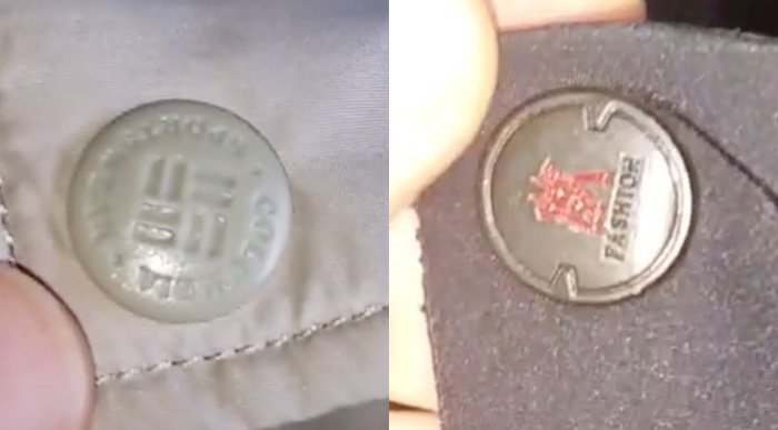 Screenshots from Voice of People Today YouTube channel comparing the buttons on a real Columbia jacket (left) and on a fake Columbia jacket (right)