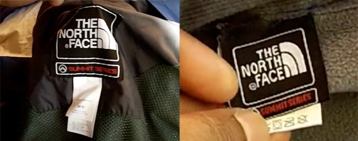 Screenshots from YouTuber Kaz L comparing the tags on real (left) and fake (right) The North Face jackets