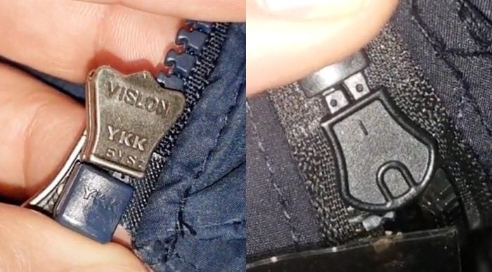 Screenshots from Voice of People Today YouTube channel showing heavy, YKK-engraved zippers on a real Columbia jacket (left) and zipper with no engravings on a fake Columbia jacket (right)