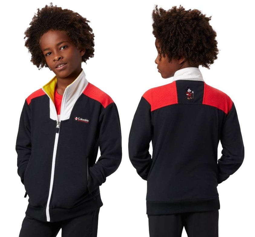 The Disney Intertrainer jacket features Mickey Mouse's signature color and an embroidery of a hiking Mickey Mouse on the back