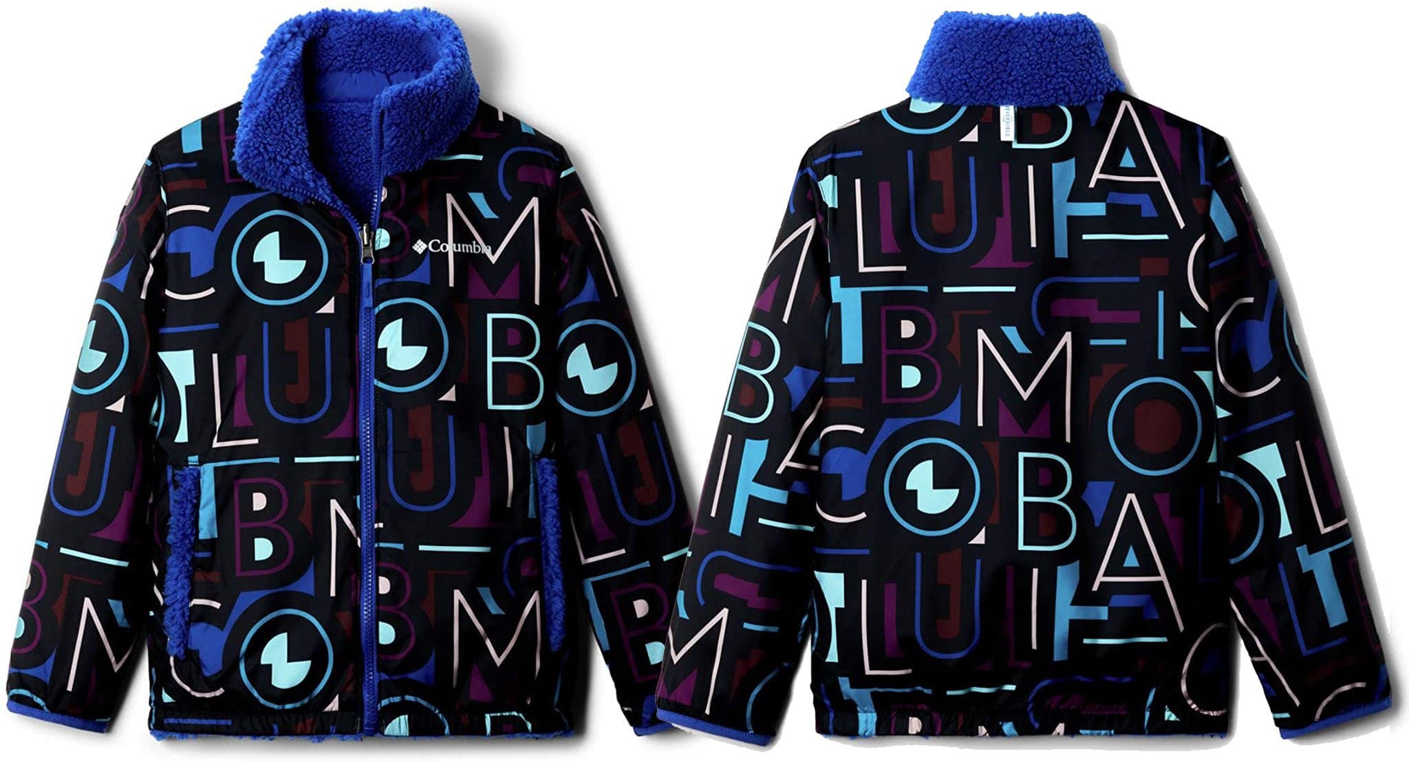 This chic two-in-one Columbia jacket for girls features cozy Sherpa with woven overlays on one side and a durable windbreaker with a printed Columbia design on the other