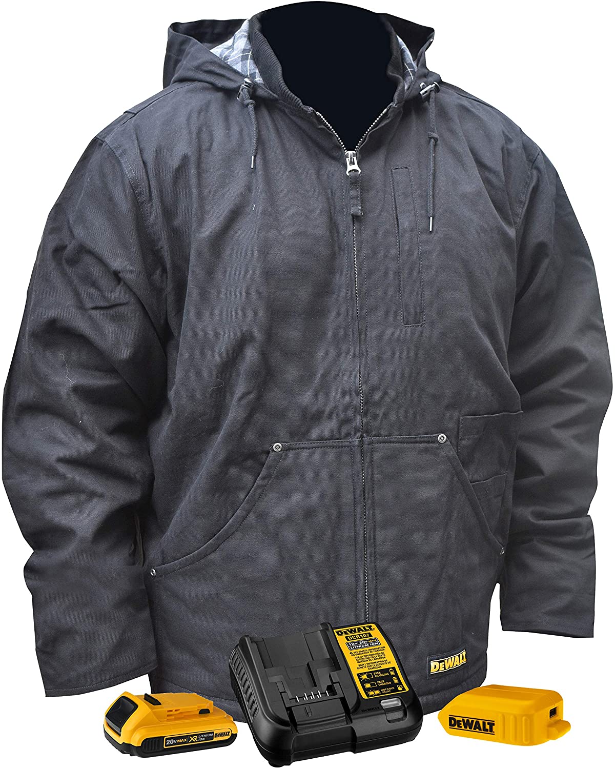 This heated work jacket has a durable water- and wind-resistant duck fabric outer shell and fleece polyester lining