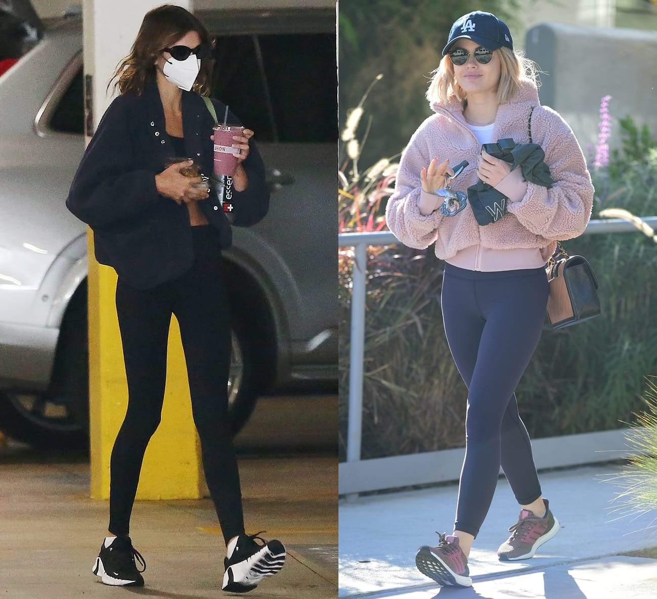 Kaia Gerber (L) and Lucy Hale show two great ways to style fleece jackets with leggings and sneakers