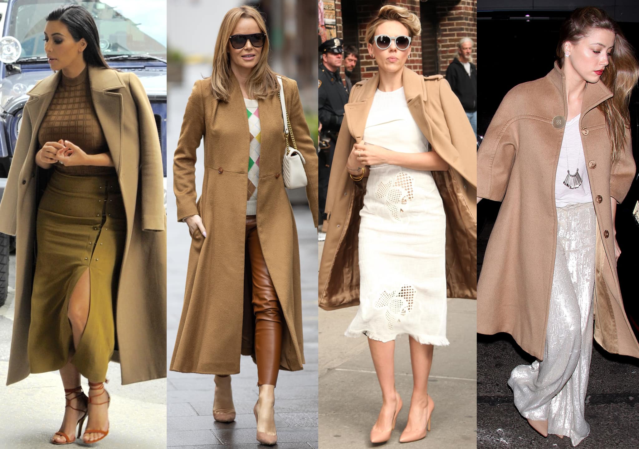 Kim Kardashian, Amanda Holden, Scarlett Johansson, and Amber Heard wear camel coats with neutral-colored outfits