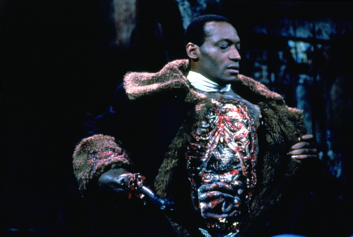 Tony Todd wears a long shearling coat in the 1992 American gothic supernatural horror film Candyman