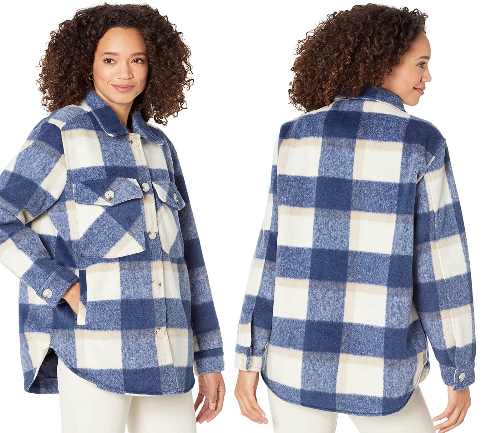 Blank NYC's plaid shirt jacket has a relaxed fit, a point collar, and front and side pockets