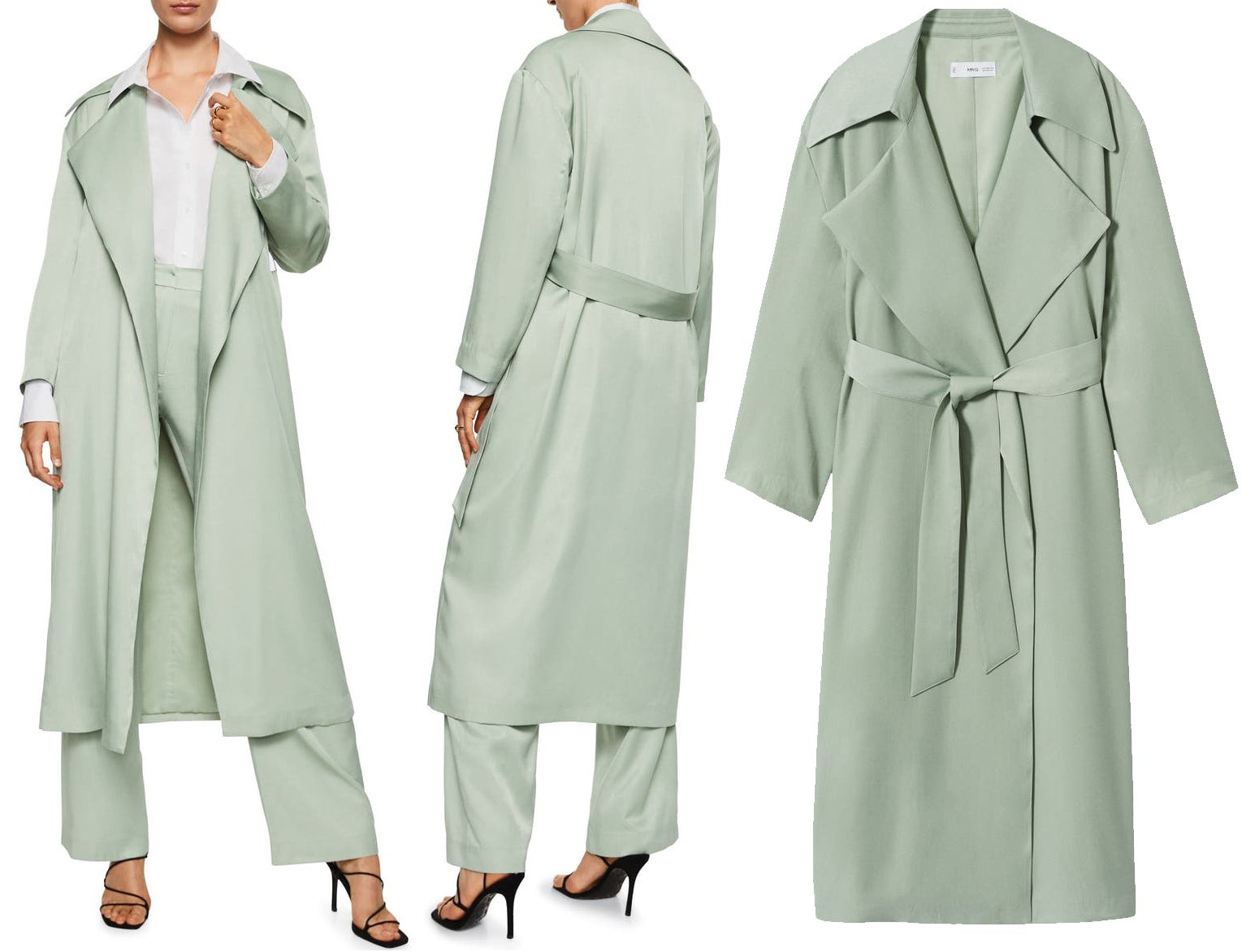 This Mango trench coat features a fluid silhouette and comes in a soft pastel green hue