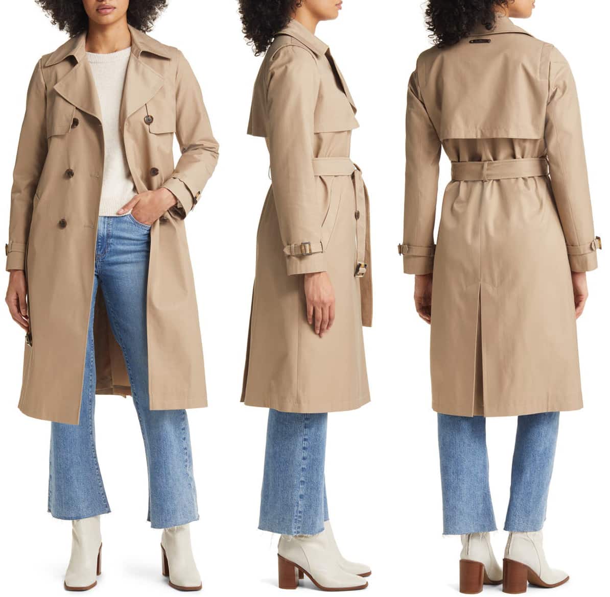 A water-repellent trench coat with distinctly notched lapels and a buckled belt