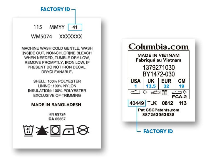 Columbia factories each have a unique CSC factory ID that consumers can use to search for the factory that made the product