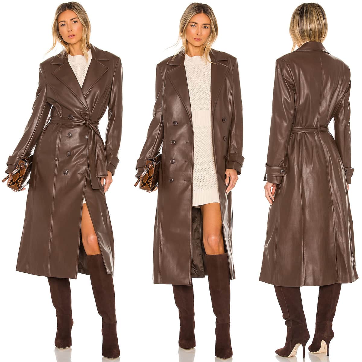 A buttery faux leather trench coat, this Bardot creation has lightly padded shoulders and buttoned tab cuffs, front buttons, and an optional waist tie belt