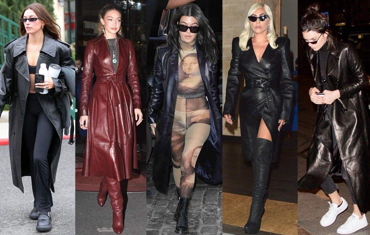 Hailey Bieber, Gigi Hadid, Kourtney Kardashian, Lady Gaga, and Kendall Jenner show how to wear leather trench coats